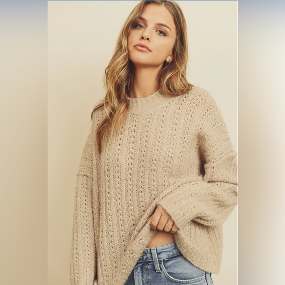 Open Knit Mock Neck Long Sleeve Sweater - Picture 2 of 14